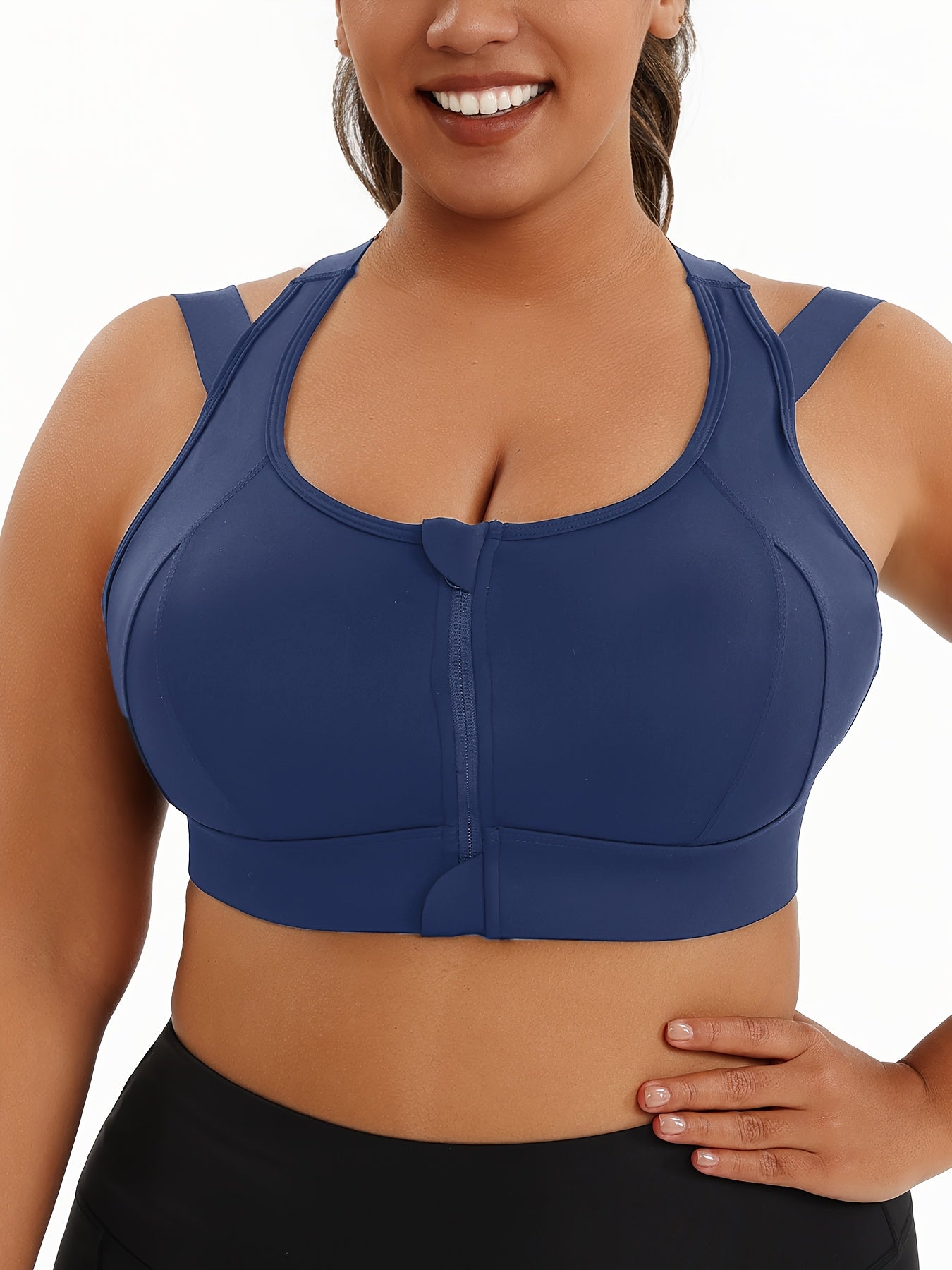 Women's Plus Size Sports Bra, Front Zip Closure, High Support Fitness Active Wear, Breathable Comfortable Lingerie, For Basketball Yoga Sports, Simple Look