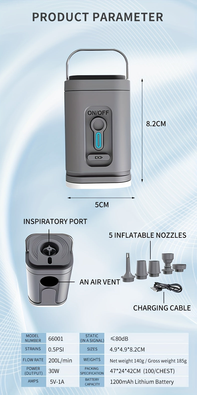 2-in-1 Portable Cordless Electric Air Pump with Built-in LED Light - Rechargeable Lithium Battery Outdoor Camping Gear for Inflatables, Tents, and Emergency Lighting