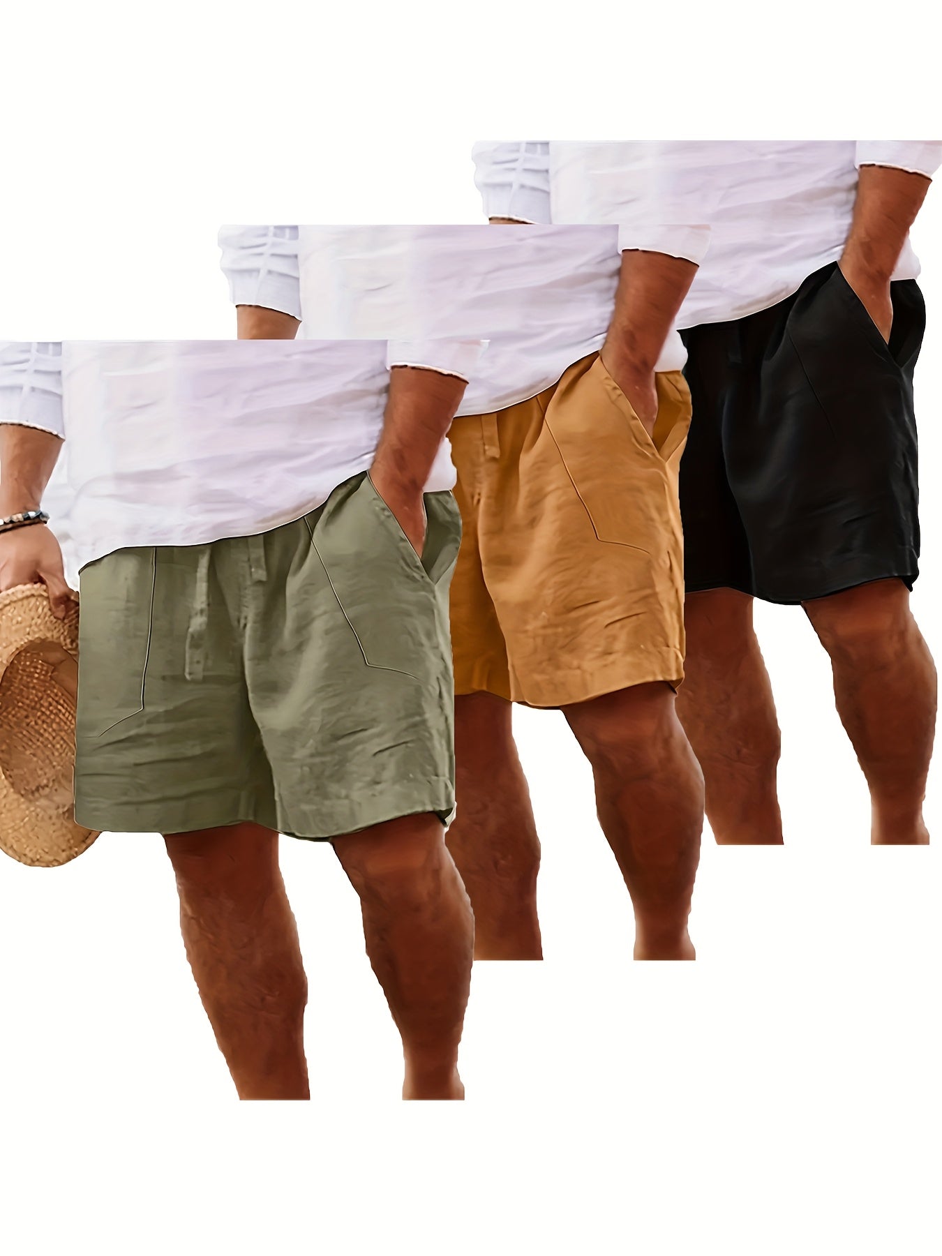 Men's Summer Shorts, Drawstring Elastic Waist, Straight Leg Solid Color Breathable Casual Beach Capri Pants - Three-Pack