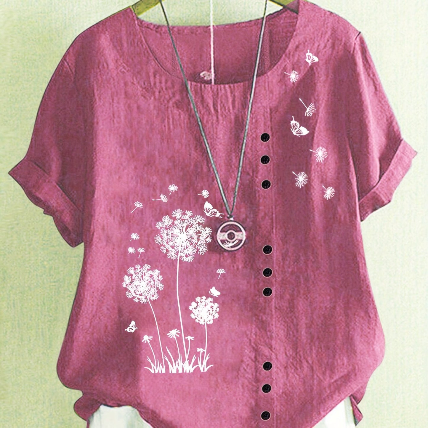 Dandelion Print Button Decor T-Shirt, Casual Crew Neck Short Sleeve T-Shirt For Spring & Summer, Women's Clothing