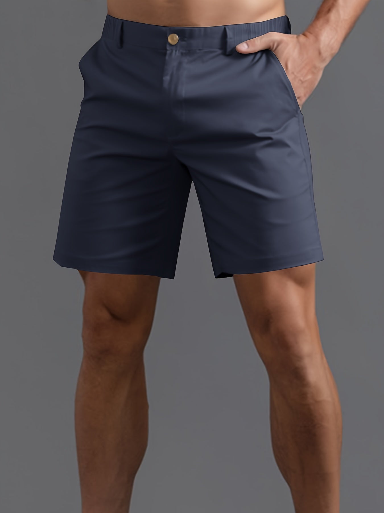5pcs Men'S Fashion Solid Color Shorts, Woven, Simple, Straight Leg, Five-Inch, Versatile, Business Style, Street, Versatile, Beach Vacation, Travel, Outdoor, Casual, Sports, Zipper, Resin, Button, Half, Elastic, Belt, Casual