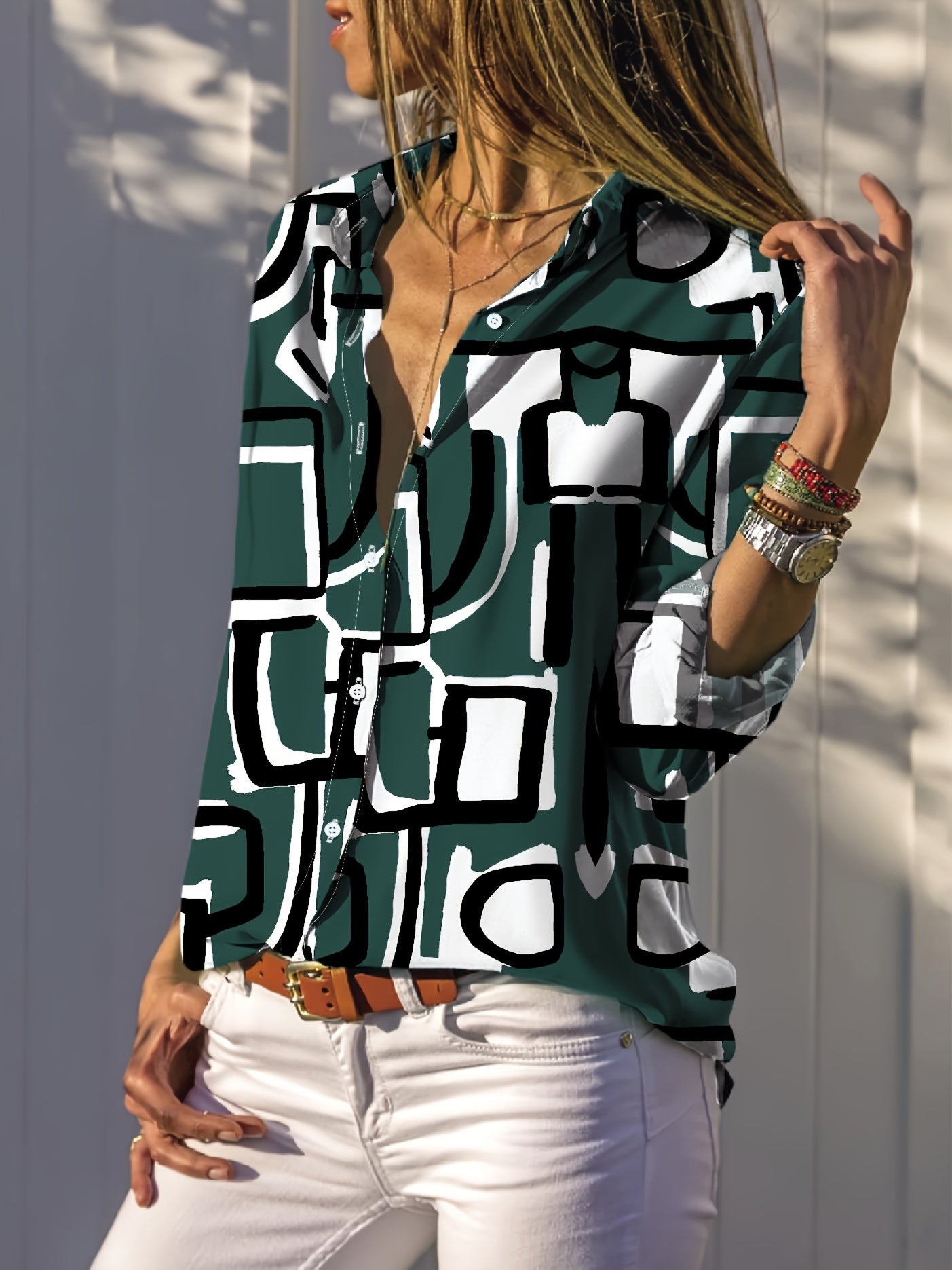 Geo Print Button Front Shirt, Casual Long Sleeve Blouse For Spring & Fall, Women's Clothing