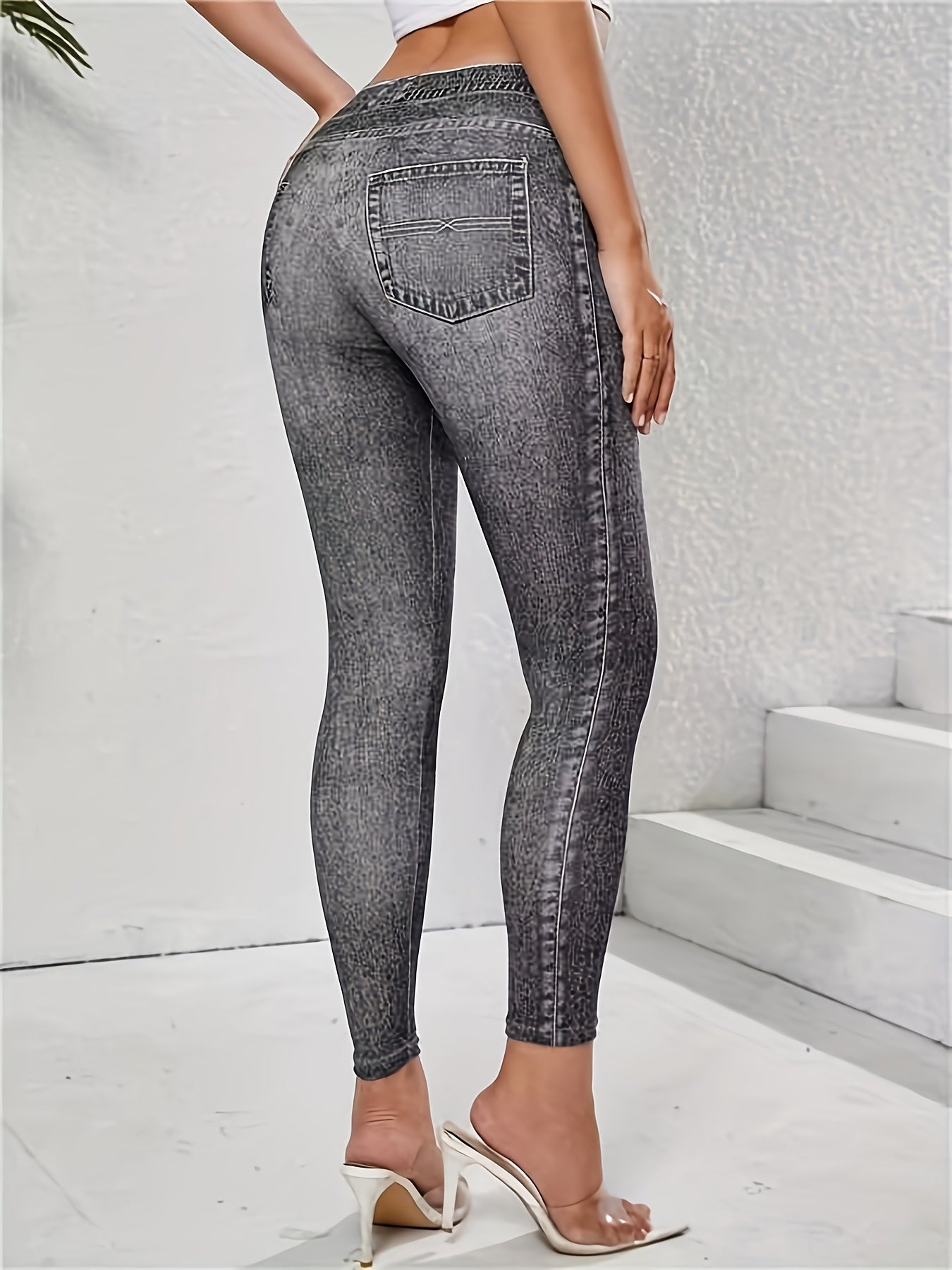 【imitation denim】New Women'S Fashion Casual Trendy Comfortable Breathable High-Waisted Stretchy Blue Faux Denim-Like Printed Leggings for Daily Commuting, Enhancing The Hips And Waist, Women'S Base Layer Pants, Fitted Leg
