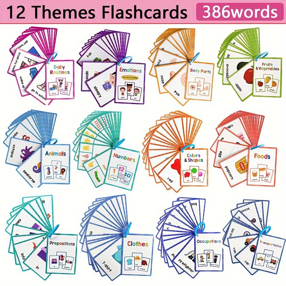 12 Themes Learning Flash Cards 386 English Words, Kids Toddler Colors, Shapes and Numbers, Learning Toys, Educational Preschool Flashcards Kindergarten Educational Toys School Supplies gift