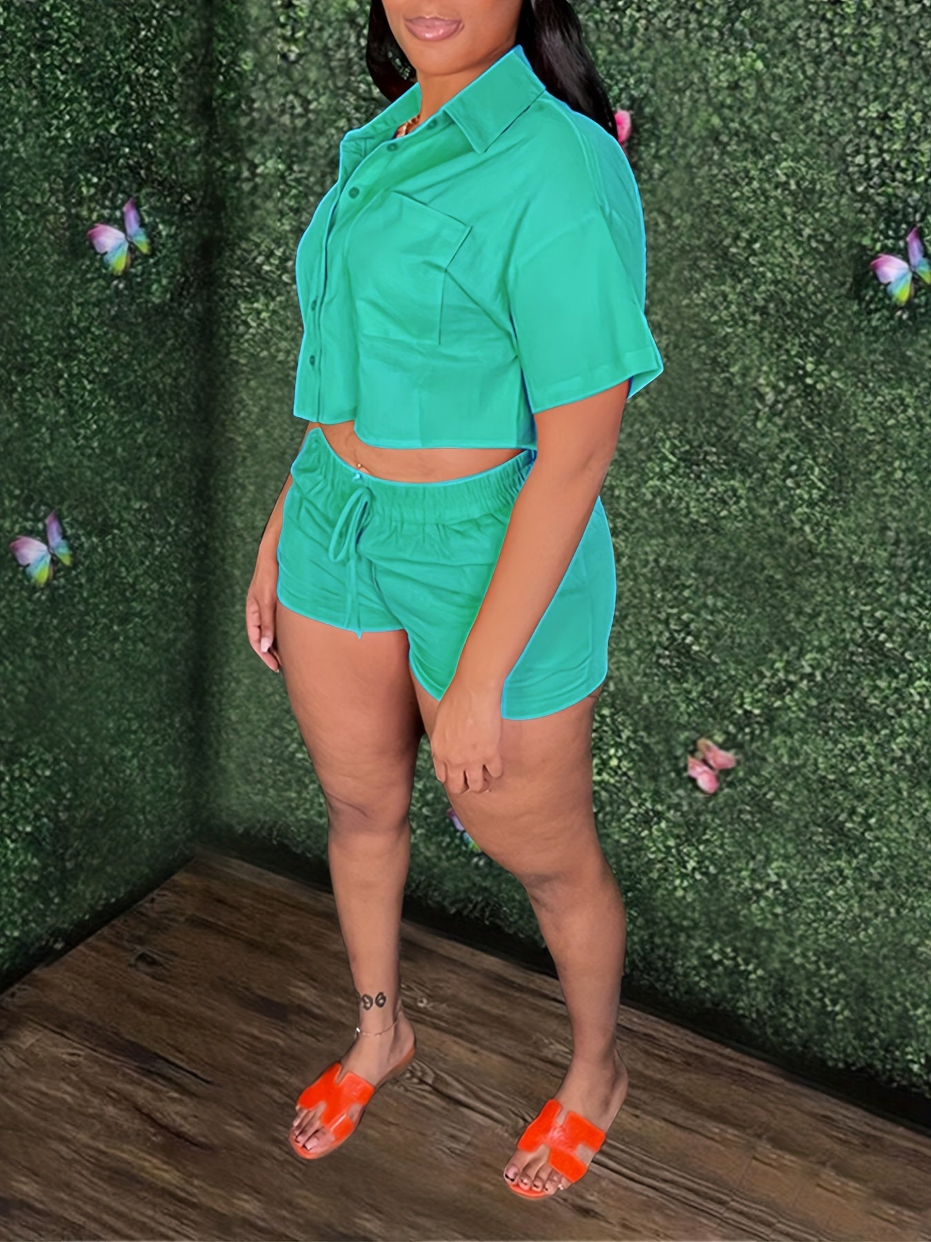 Solid Casual Two-piece Set, Short Sleeve Button Crop Top & Drawstring Waist Shorts Outfits, Women's Clothing