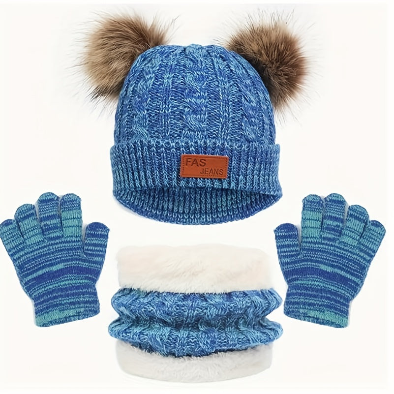 3pcs/set Winter Children's Warm Plus Velvet Scarf Baby Knitted Hat Hat Gloves For 2-8 Years