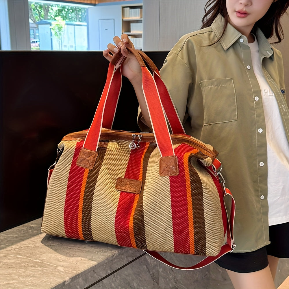 HUOHUO Women's Large Capacity Retro Striped Travel Handbag & Carry-On Luggage - Lightweight Nylon Suitcase with Adjustable Strap, Golden-Tone Hardware, Zipper Closure & Lining - Casual & Formal Use for Airplane, Train, Car Tr