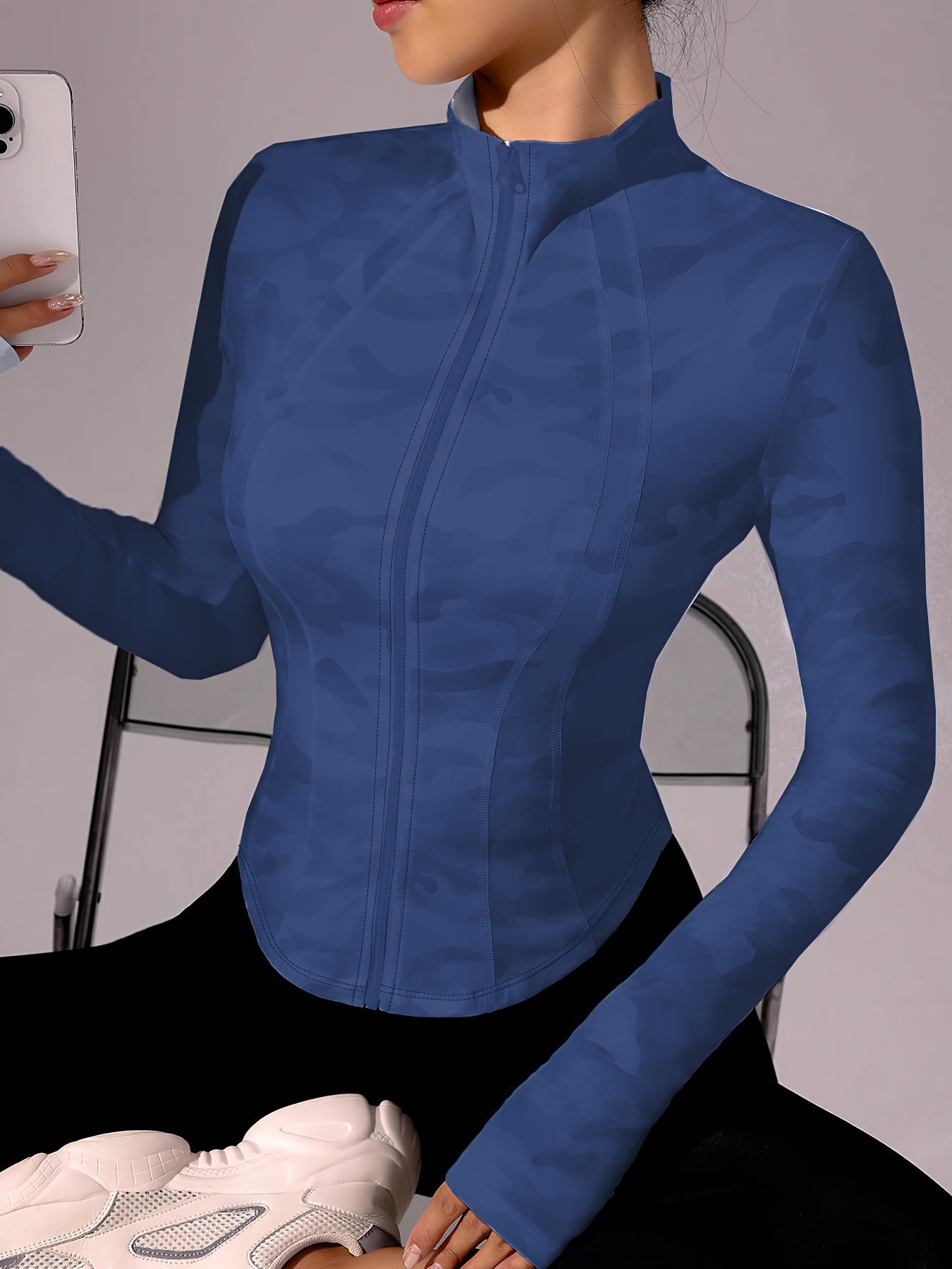 Zip-Up Stand Collar Sports Jacket, Half-Finger Long Sleeve Top with Camouflage Print, Suitable for Outdoor Fitness, Hiking, Golf, Tennis, Badminton, Bowling, Daily Walks and Shopping, Gym/Home Workout, Meditation, Versatile,