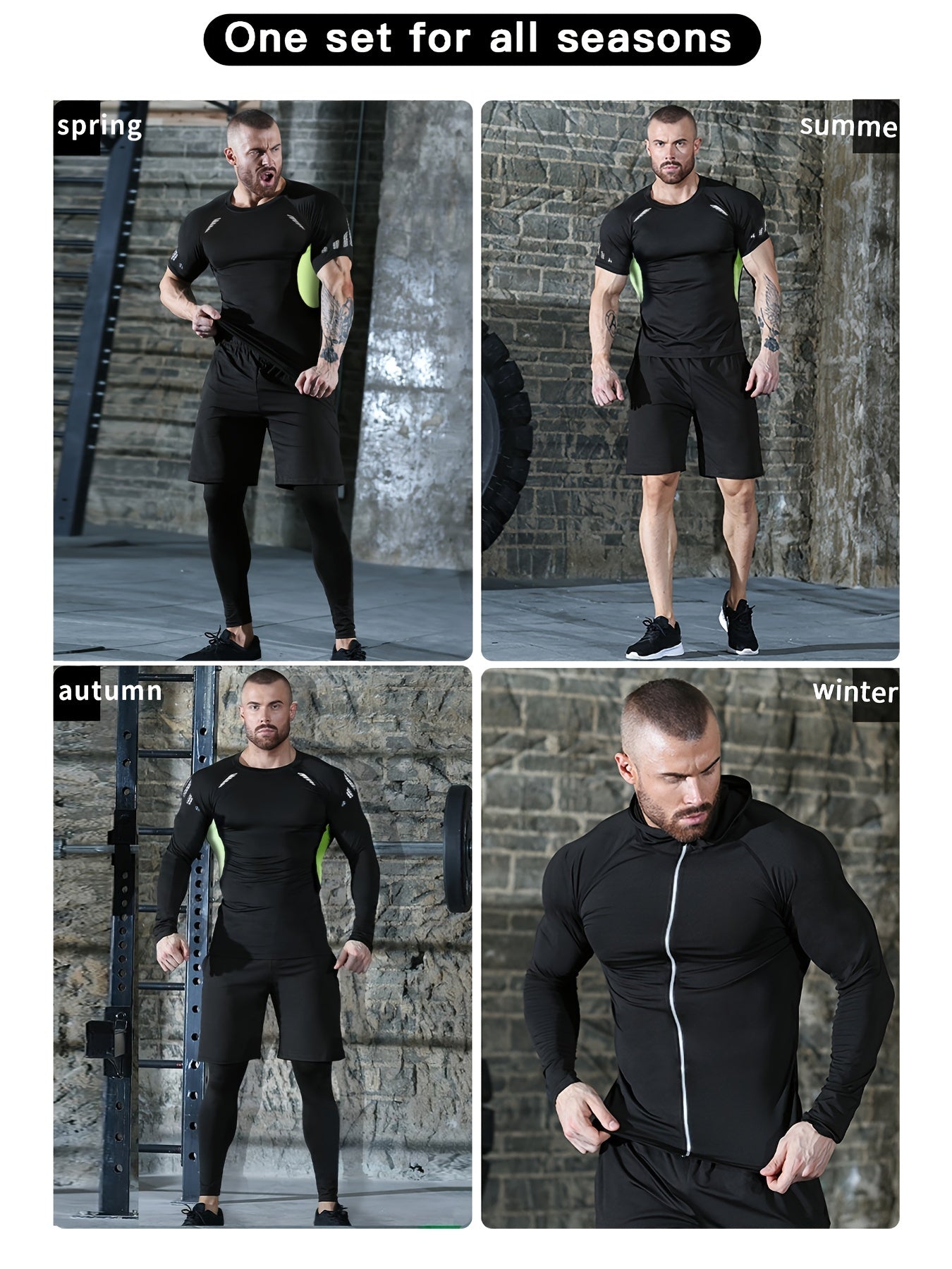 Xinso Prince 5pcs Men's Zip Up Hooded Jacket & Compression T-shirt & Long Sleeve Workout Top & Shorts & Leggings For Fitness