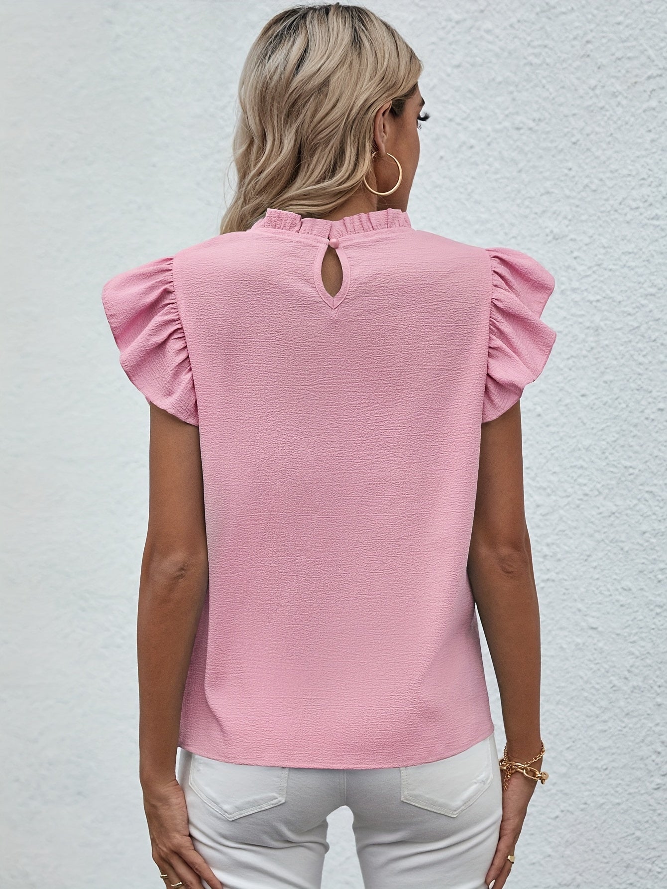 Ruffle Trim Round Neck Blouse, Casual Flutter Sleeve Blouse For Spring & Summer, Women's Clothing Wedding holiday vacation