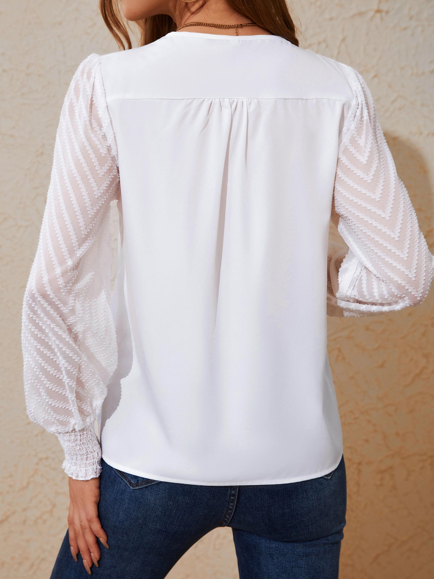 Solid Textured Mesh Splicing Blouse, Elegant V-neck Lantern Sleeve Blouse For Spring & Summer, Women's Clothing
