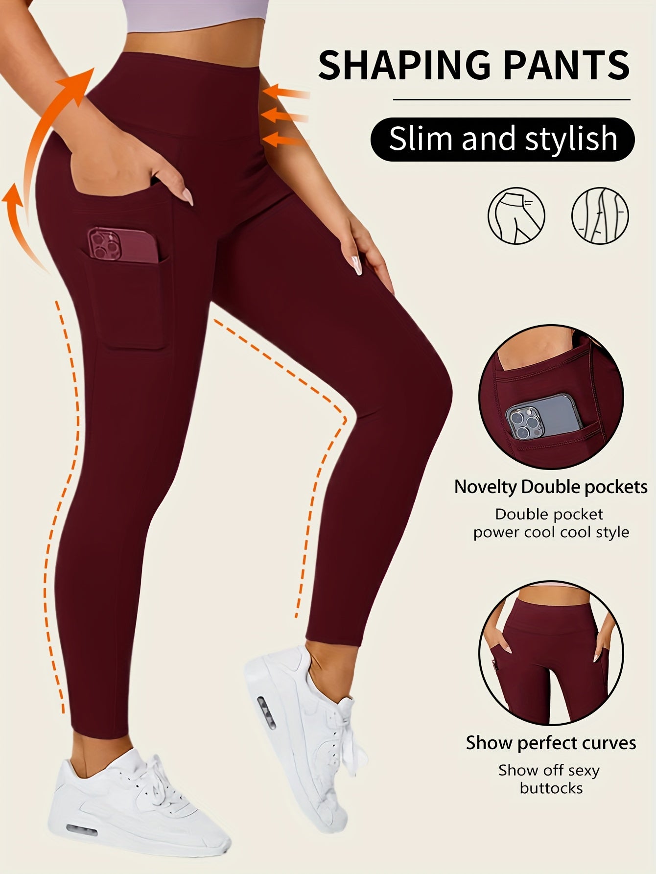 High-Waisted Leggings with Slim-Fit Double Pocket Design - Burgundy/Black/White/Navy Blue - All-Season Pants, Tummy Control & Butt-Lifting for,, Casual Wear - Hand Washable Stretchy Bottoms