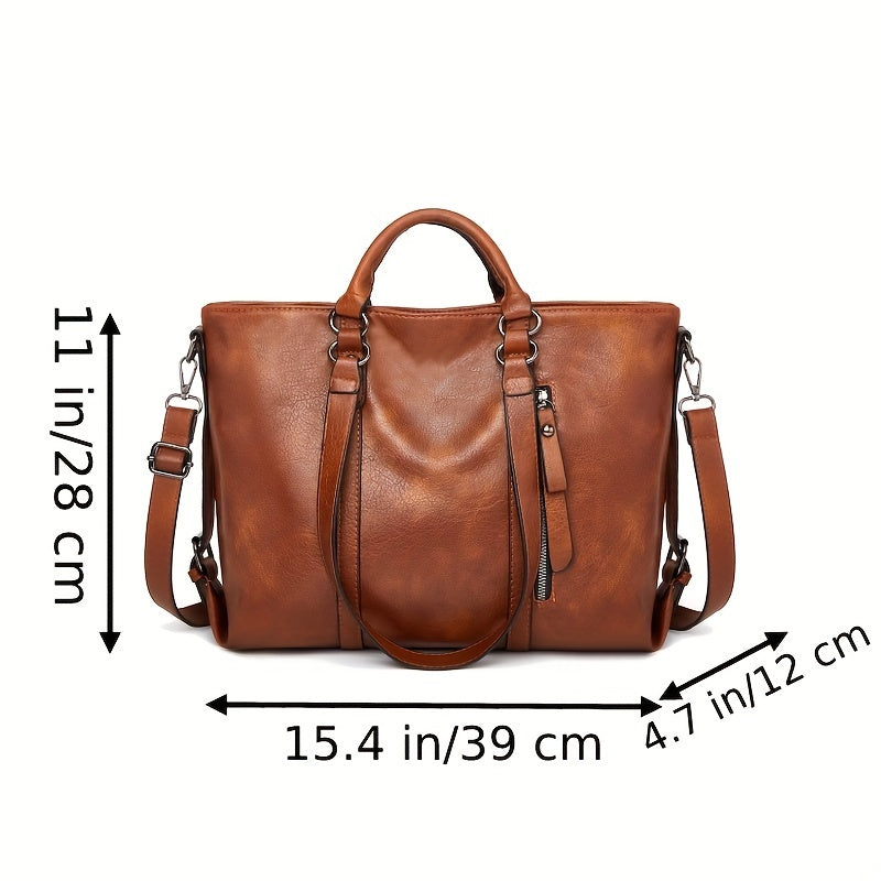 Women's Thickened Soft Synthetic Leather Tote & Crossbody Purse - Large Capacity Multi-Pocket Organizer with Removable Shoulder Strap, Zipper Closure, Oil-Edged Trim - Work, Travel, Casual Bag in Brown, Navy, Red, Black - Chr