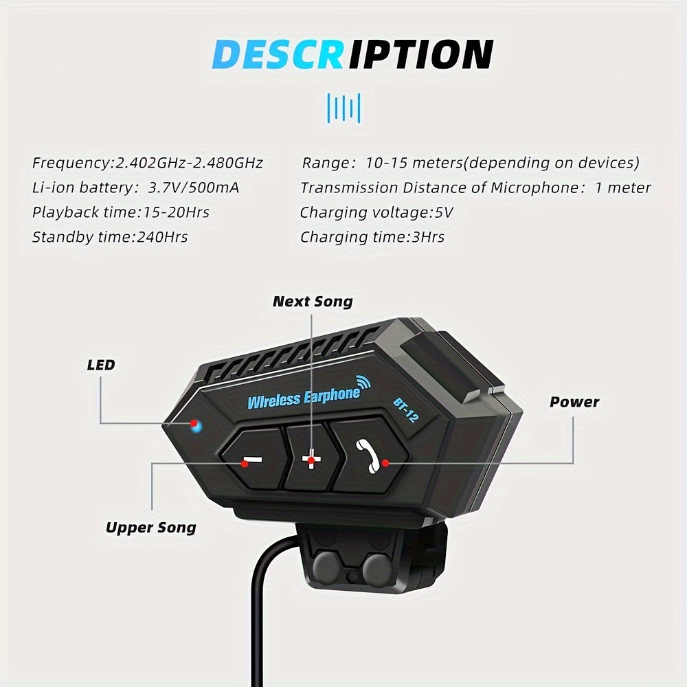 Wireless 12, Wireless Motorcycle Helmet Earphone Headset Hands-free Call Kit Stereo Music Player Speaker