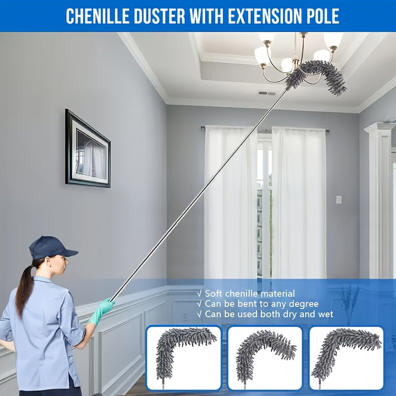 Microfiber Duster with 254.0 cm Telescopic Extension Pole Kit for High Ceilings, Cleaning Fan Spider Webs, Reusable and Washable Lightweight Ceiling Fan Nets, Blinds