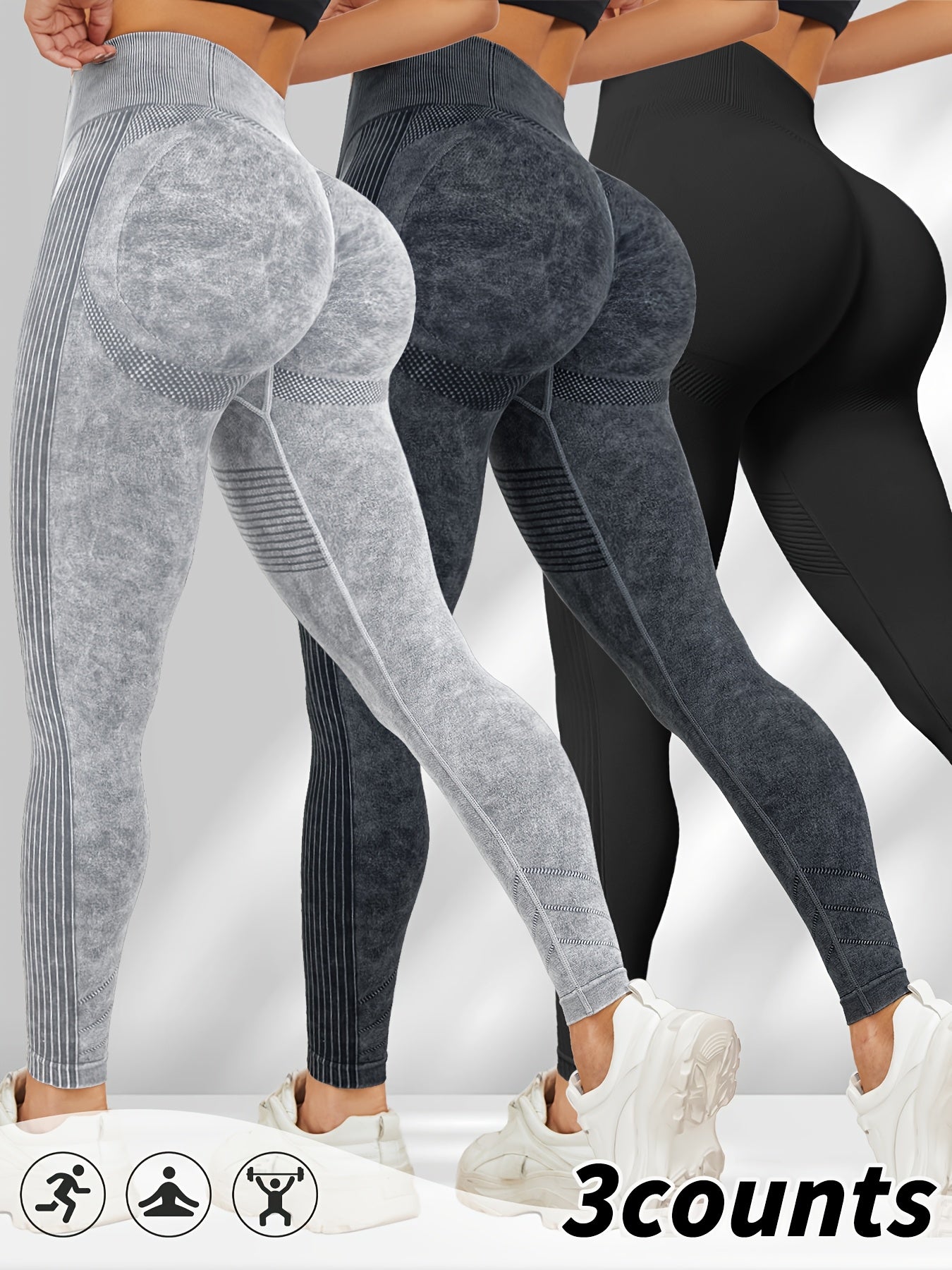 Women'S 3pcs High-Waisted Yoga Pants with Textured Surface, Stretchy & Comfortable - Beige, Black, Gray - Perfect for Fitness, Workouts & All-Season Wear, Workout Leggings | Minimalist Design | Stretchy Fabric