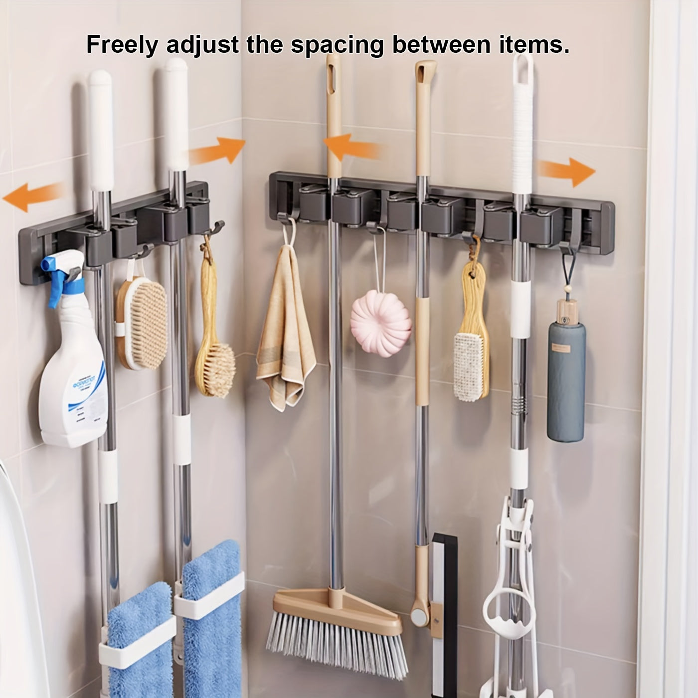 Bathroom Storage Rack Metal Mop & Broom Holder with Adjustable Hooks, Wall-Mounted Storage Organizer for Home, Kitchen, Garden, Laundry, Garage - Lacquered, Space-Saving Shelf for Mops, Brooms, Tools, Shelves