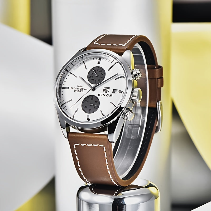 1pc New BENYAR Men's PU Leather Quartz Wristwatch, Men's 100M Multifunctional Watch Military Sports Chronograph Watch For Men