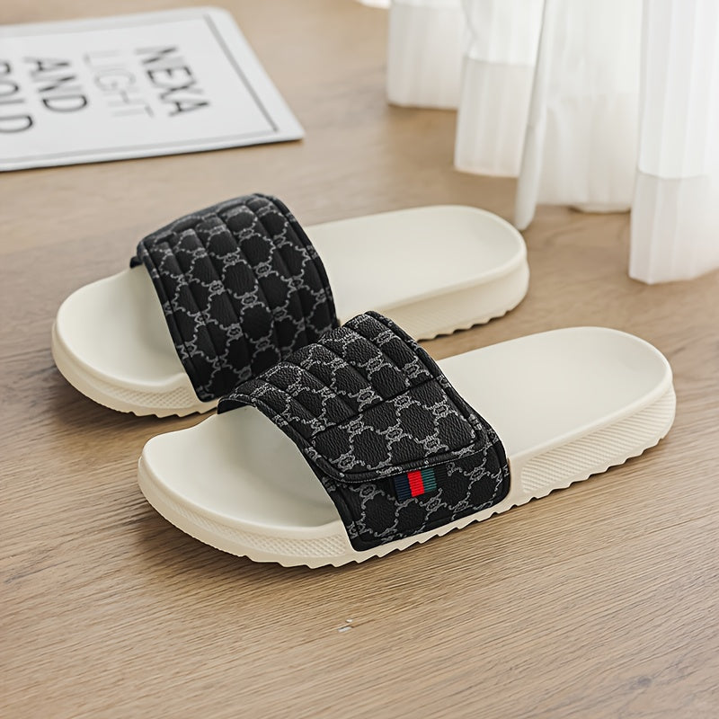 Men's Luxury Slip-On Slippers - Thick Cushioned EVA Sole & Soft PU Upper with Striped Pattern, All-Season Indoor/Outdoor House Shoes for Men, Comfortable Casual & Party Footwear (Black/White, Beige/Brown) - Unisex-Friendly De