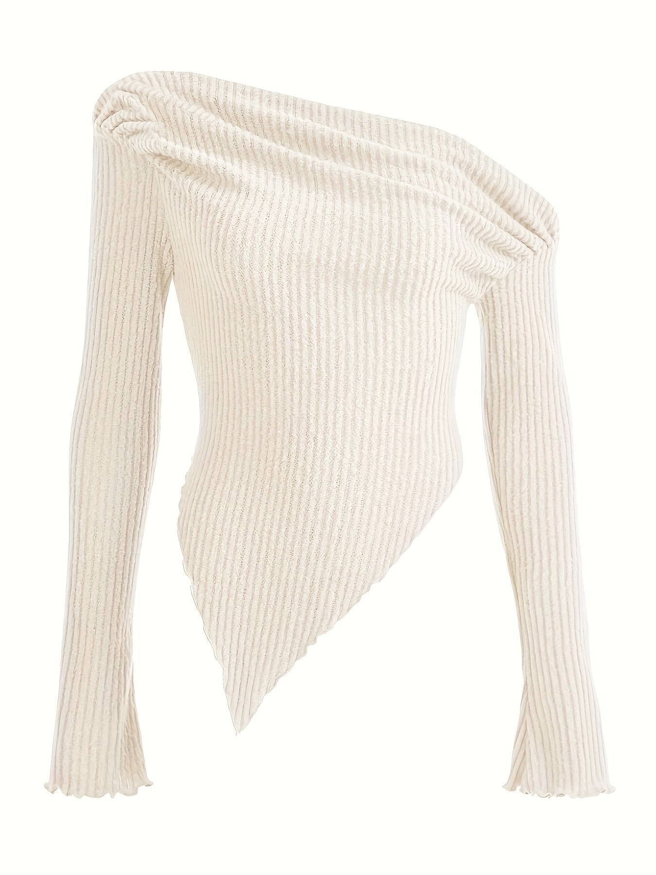 Solid Ruched Asymmetrical Neck T-Shirt, Casual Hanky Hem Long Sleeve Top For Spring & Fall, Women's Clothing