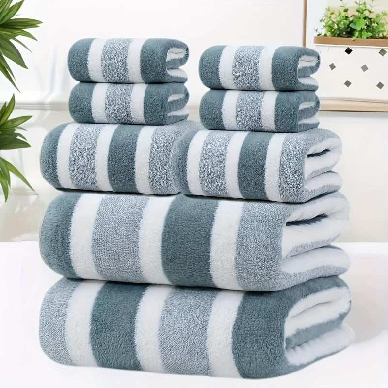 8pcs Set of Lint-Free, Super Absorbent And Super Soft Five-Star Hotel Standard Two-Color Striped Bath Towel Set, Including 2 Large Bath Towels, 2 Large Face Towels And 4 Hand Towels - Quick Drying | with Hanging Loop | Light