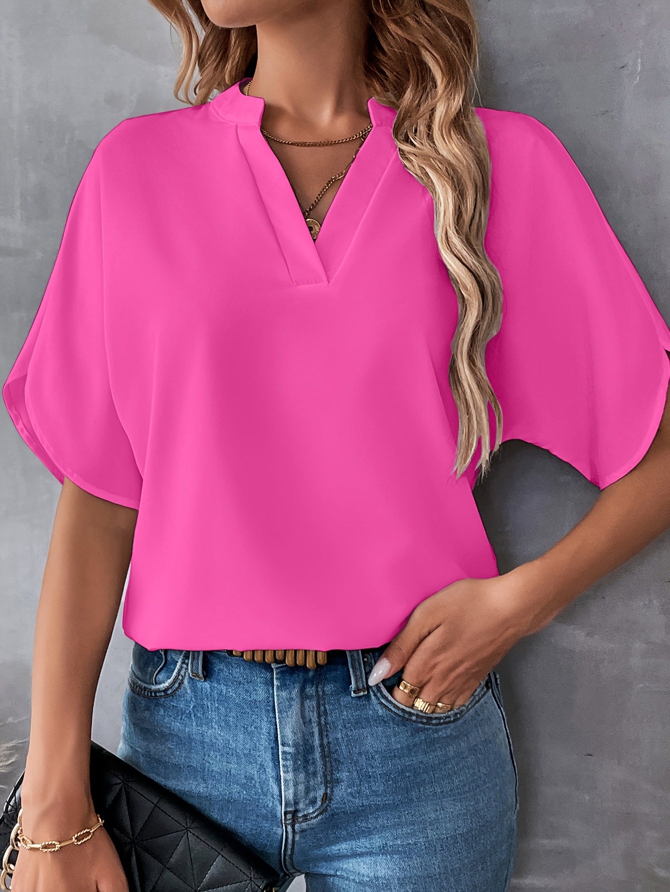 Solid Color Notch Neck Blouse, Casual Short Split Sleeve Blouse For Spring & Summer, Women's Clothing