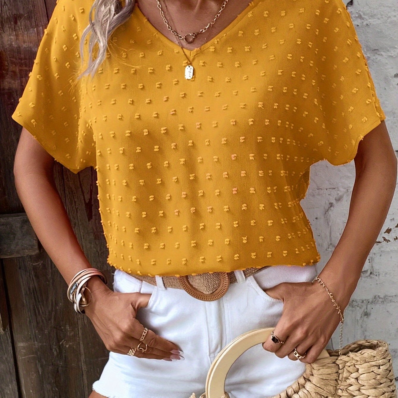 Swiss Dot V-neck Solid Blouse, Casual Batwing Sleeve Blouse For Spring & Summer, Women's Clothing