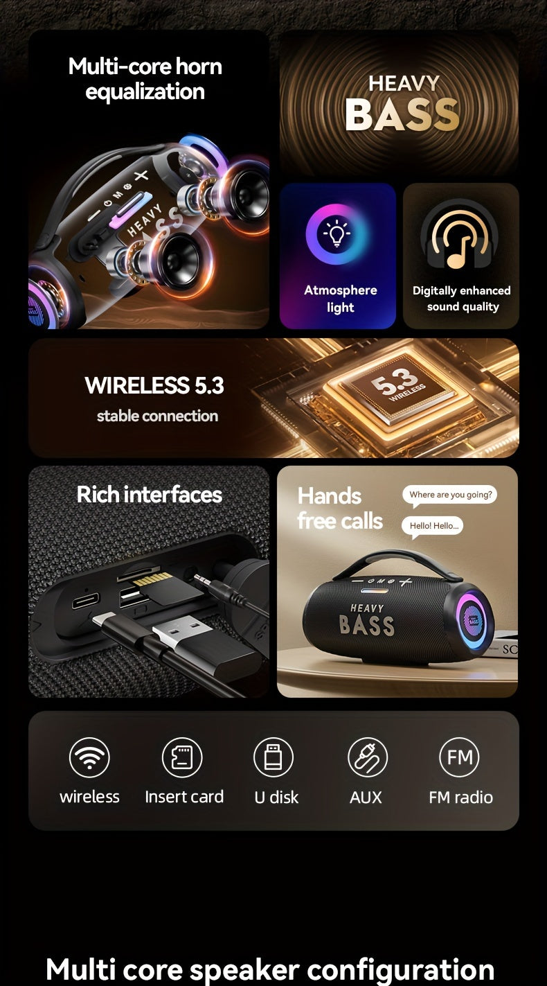 HEAVY BASS 30W Wireless Speaker with Subwoofer, USB-C Charging, Wireless, Built-in Mic, Portable PA System for Home Theater, Camping, Parties - Compatible with PC, Tablet, Smartphone, USB Drive - Ideal for DJs, Presentations,