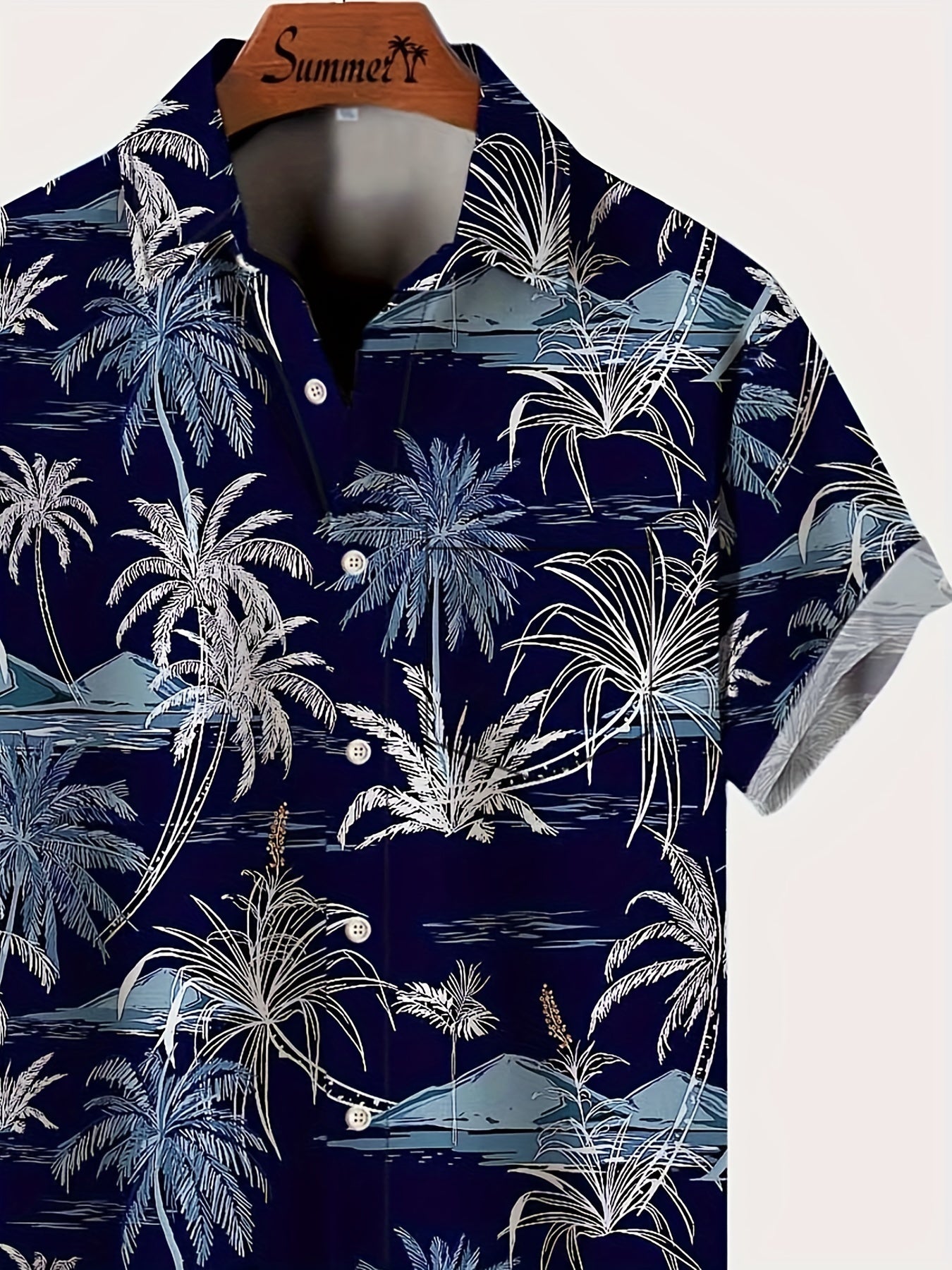 Men's Hawaiian Coconut Tree Print Button-Up Shirt - Tropical Vacation Style Short Sleeve Summer Shirt with Navy Blue & White Palm Design, Machine Washable Regular Fit for Beach Outings & Casual Wear, Hawaiian Shirt, Nontransp