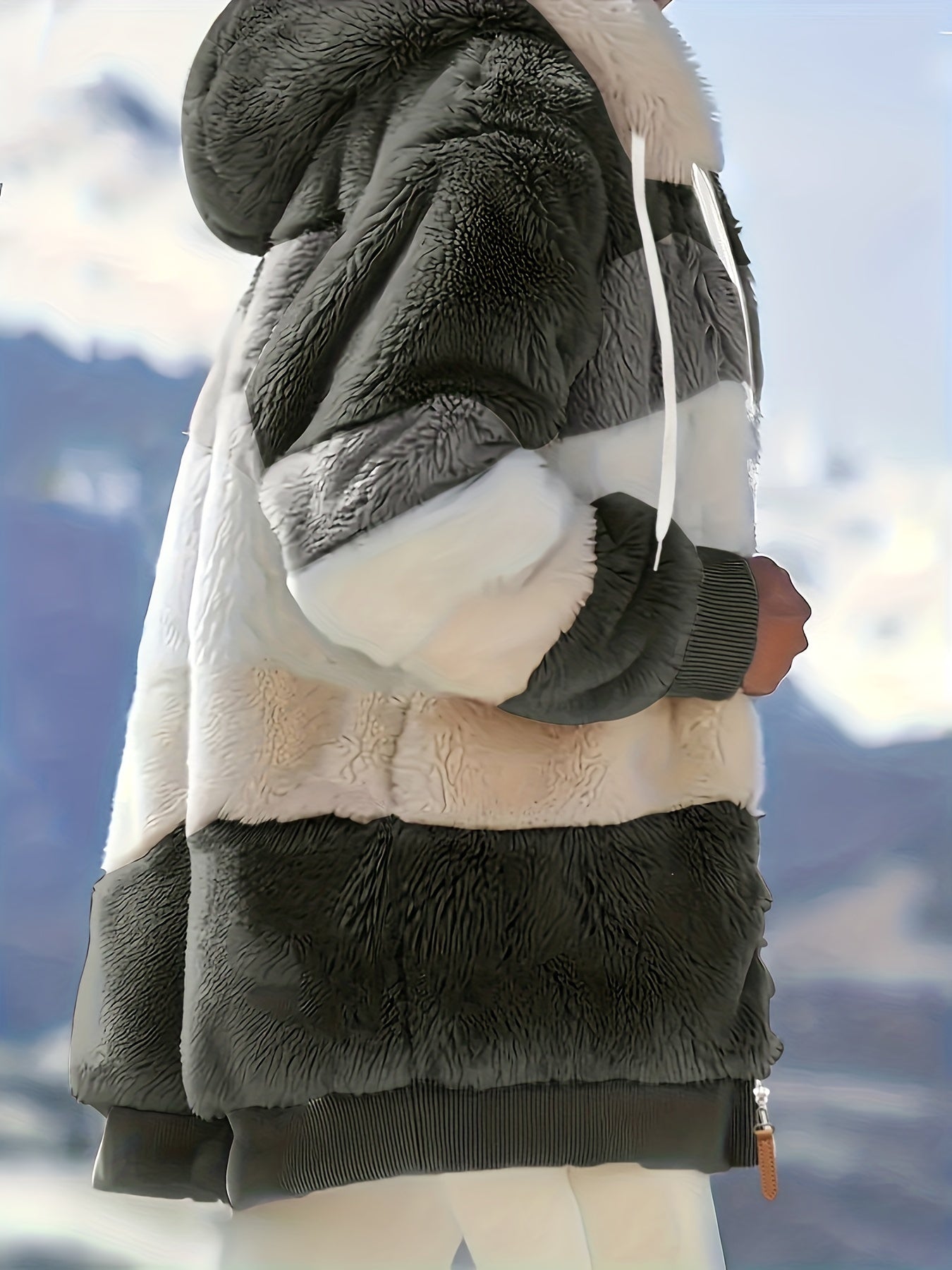 Women's Plush Faux Fur Hooded Jacket - Loose Fit Color Block Coat with Blue/Beige/White/Black Design, Long Sleeve Winter Warmth, Machine Washable for Casual & Formal Outfits, Ladies Winter Coats, Autumn Layering Piece, Formal