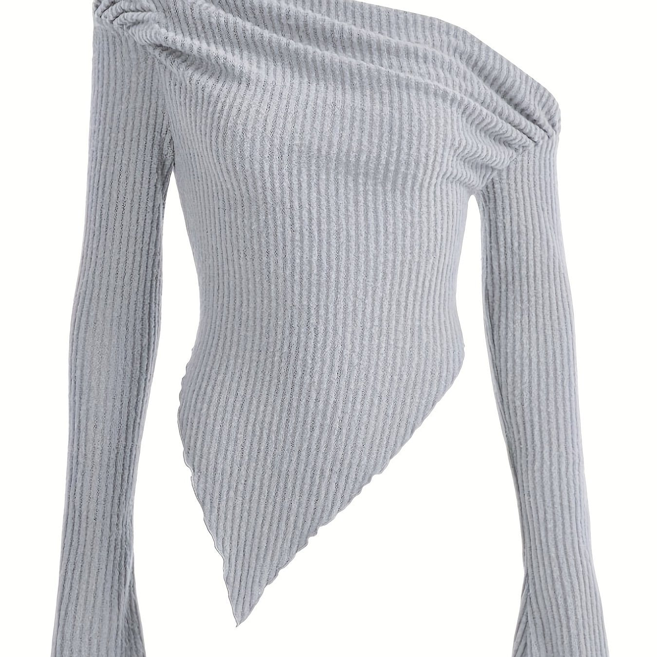 Solid Ruched Asymmetrical Neck T-Shirt, Casual Hanky Hem Long Sleeve Top For Spring & Fall, Women's Clothing