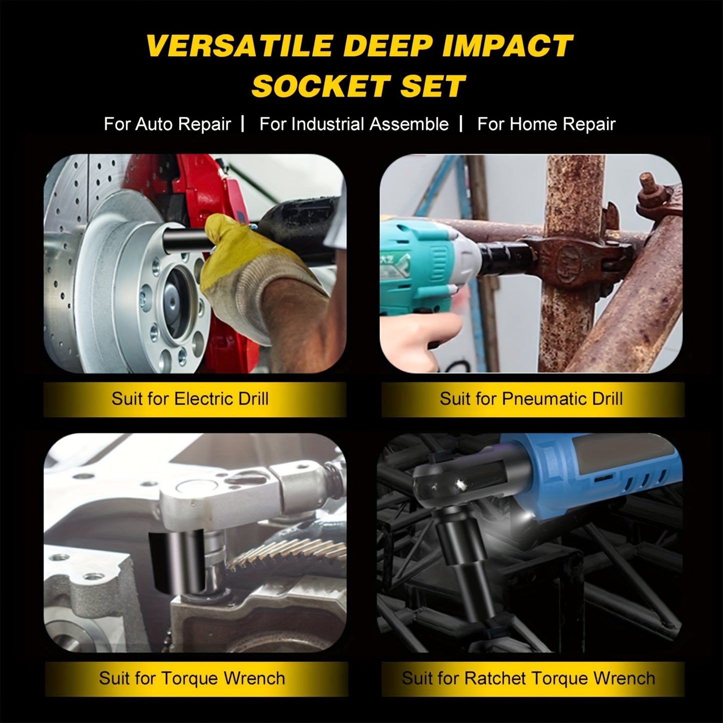 1 Set Heavy-Duty Impact Socket Set, Deep Drive Carbon Steel Sockets, Mechanical Operation, No Power Required, Ideal For Auto Repair And Maintenance