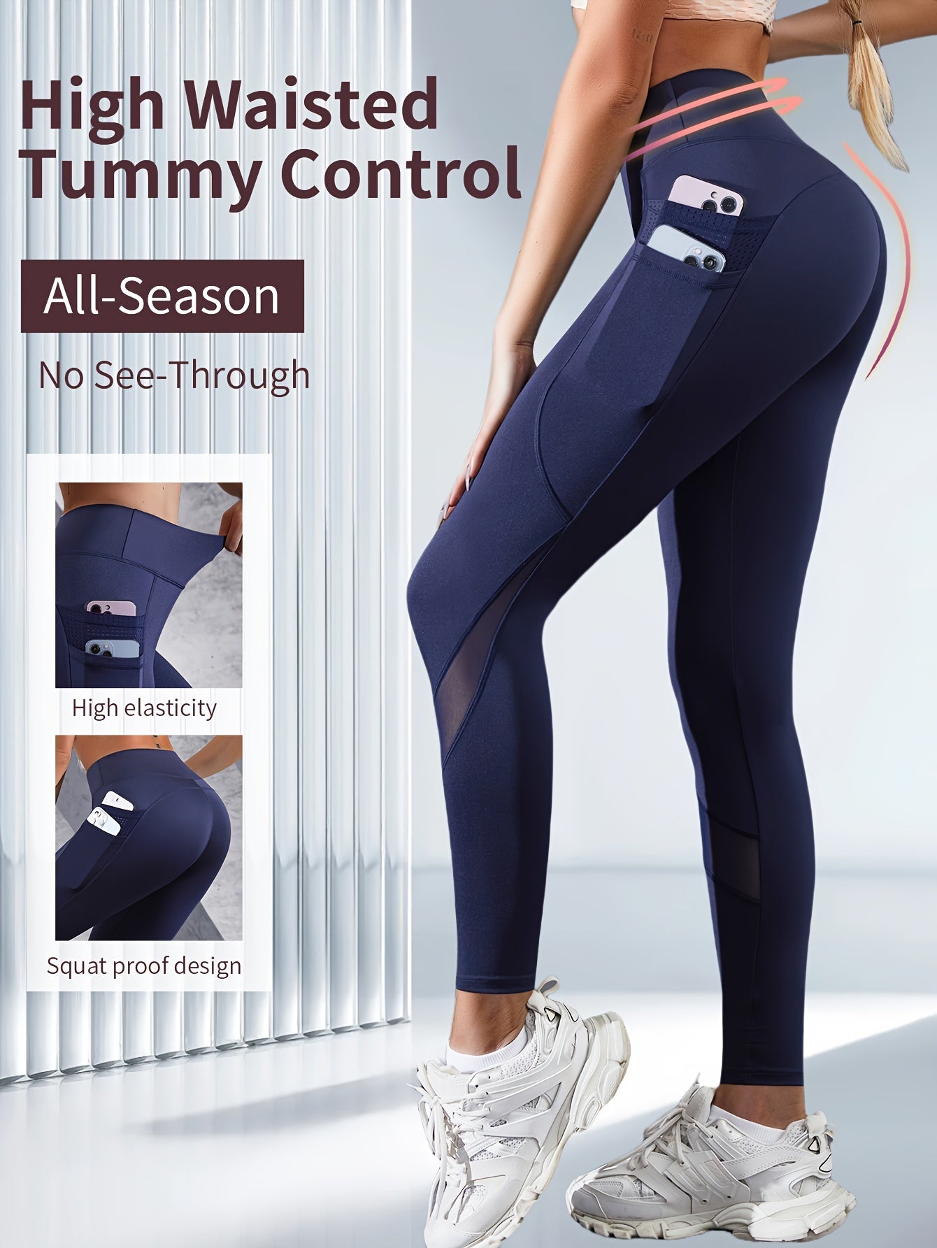 Boost Your Workout with Women's Tummy Control Sports Yoga Leggings - Phone Pocket, Mesh Contrast & Breathable Tight-Fitting Pants!