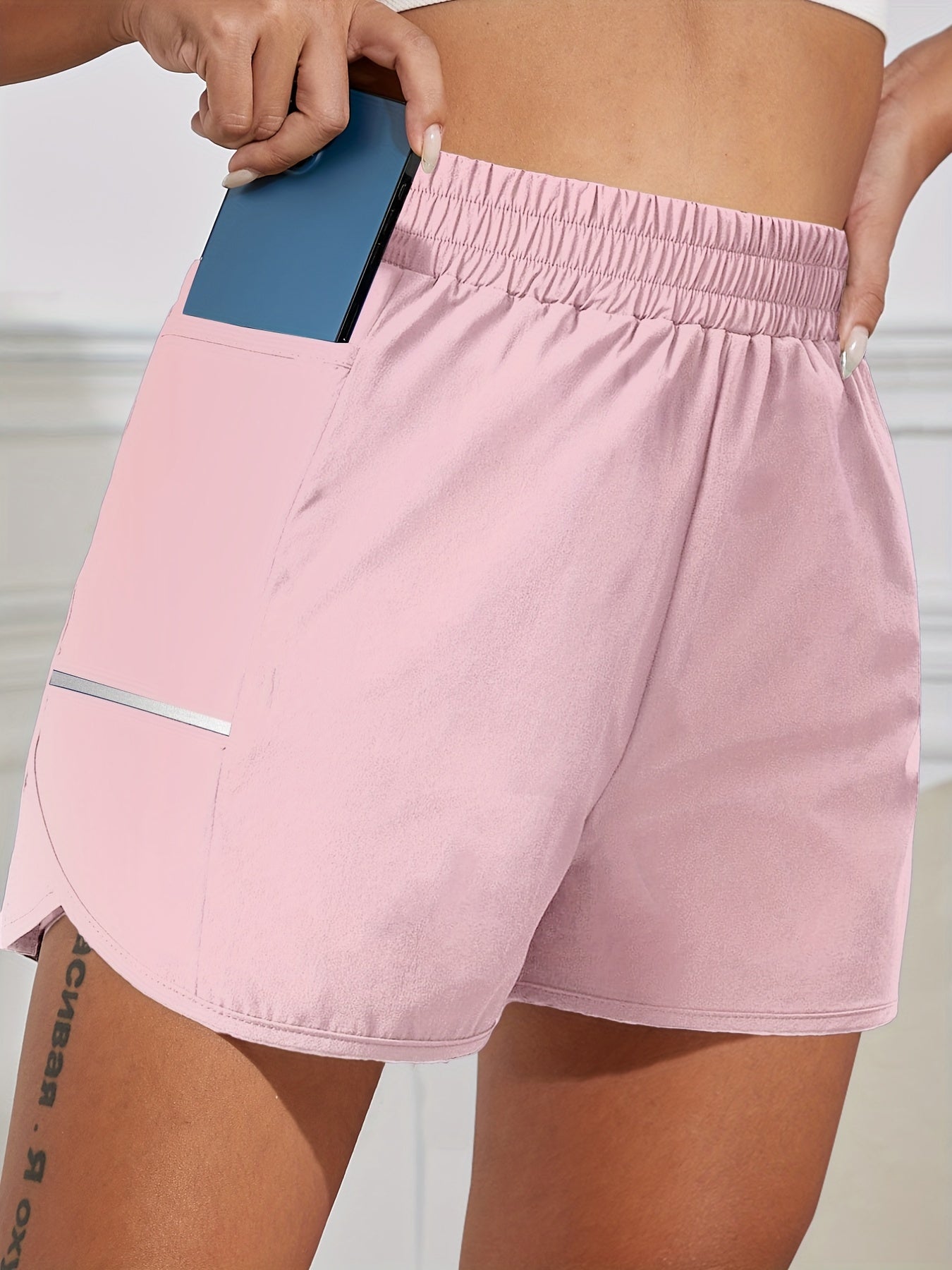 Women's Sports Shorts With Phone Pocket, Elastic Waist Quick Drying Running Shorts, Women's Activewear