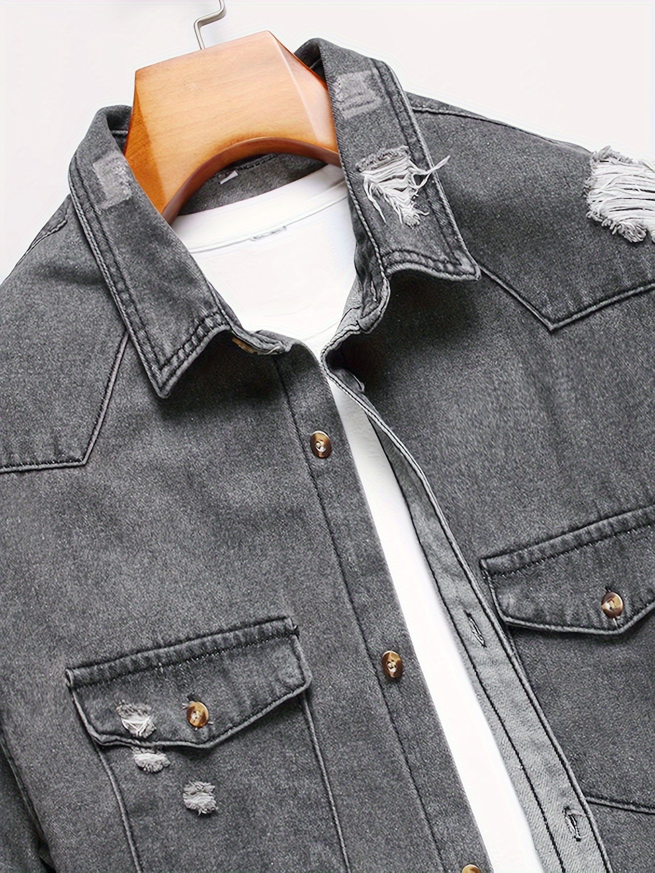 Men's Trendy Ripped Design Casual Button Up Long Sleeve Denim Shirt, Men's Clothes For Spring Summer Autumn, Tops For Men