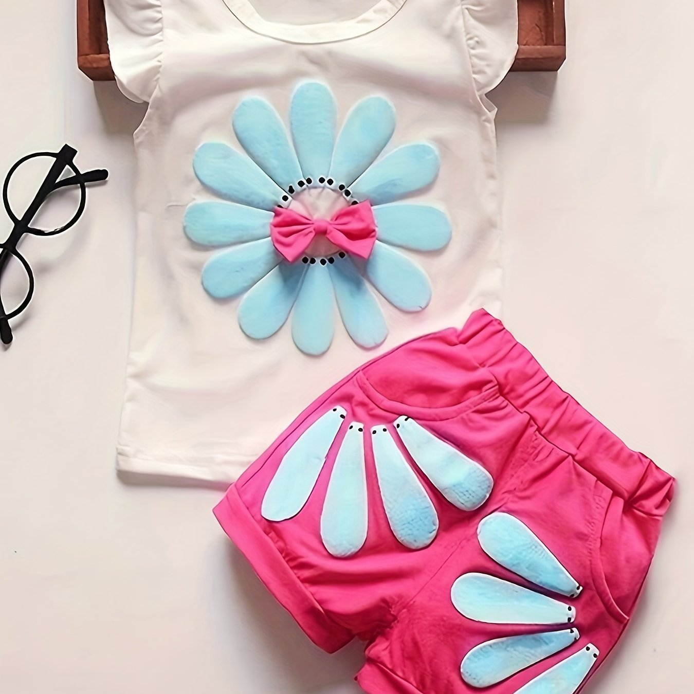 Girl's Summer Cotton Two-piece Set, Baby Girl Sunflower Print Short Sleeve Ruffled Top & Shorts Outdoor Wear Outdoor Clothing