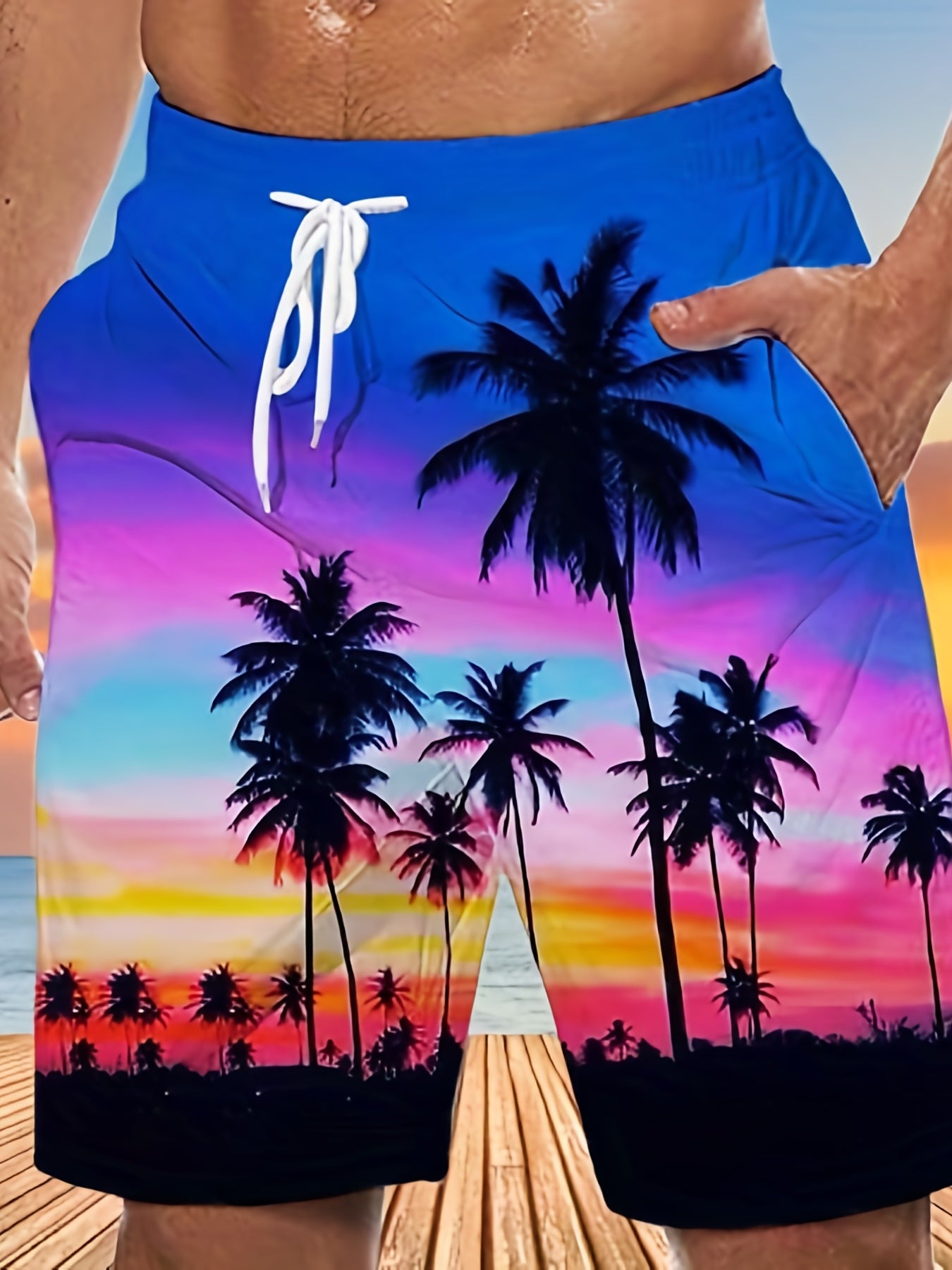 Quick Drying Comfortable Breathable Gradient Palm Tree At Dawn Seaside Drawstring Swim Trunks, Men's Board Shorts Swimwear For Summer Vacation Resort Beach Pool