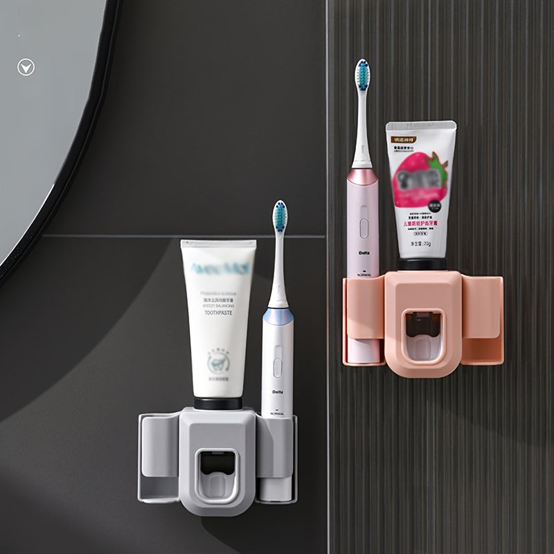 1pc Toothbrush Holder With Automatic Toothpaste Dispenser, Wall Mounted Toothbrush Storage Rack, Punch-free Toothbrush Storage Organizer, Multifunctional Electric Toothbrush Holder, Bathroom Accessories