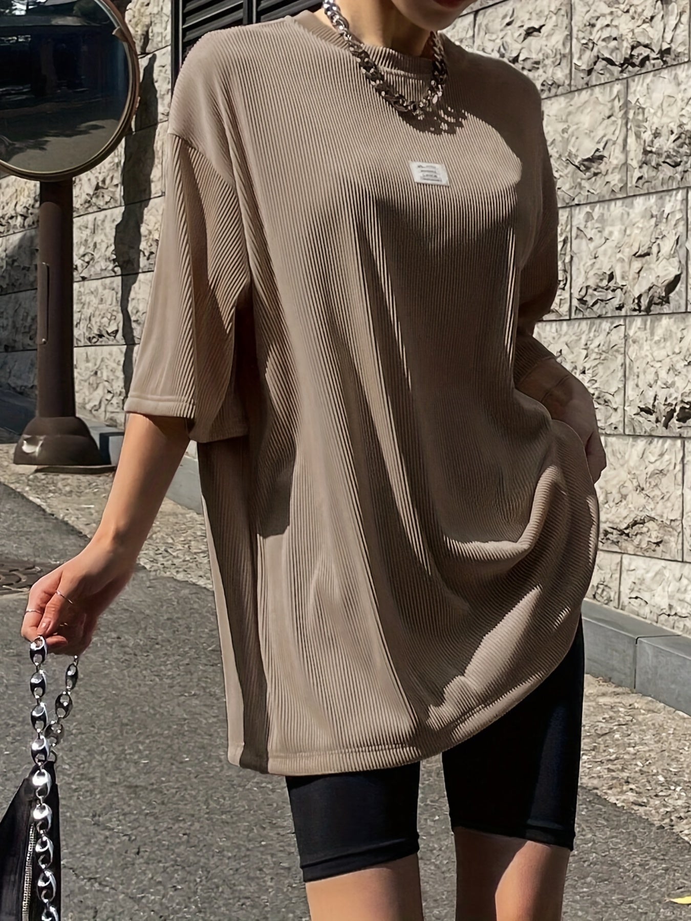 Oversized Drop Shoulder Ribbed T-Shirt, Casual Crew Neck Short Sleeve T-Shirt For Spring & Summer, Women's Clothing