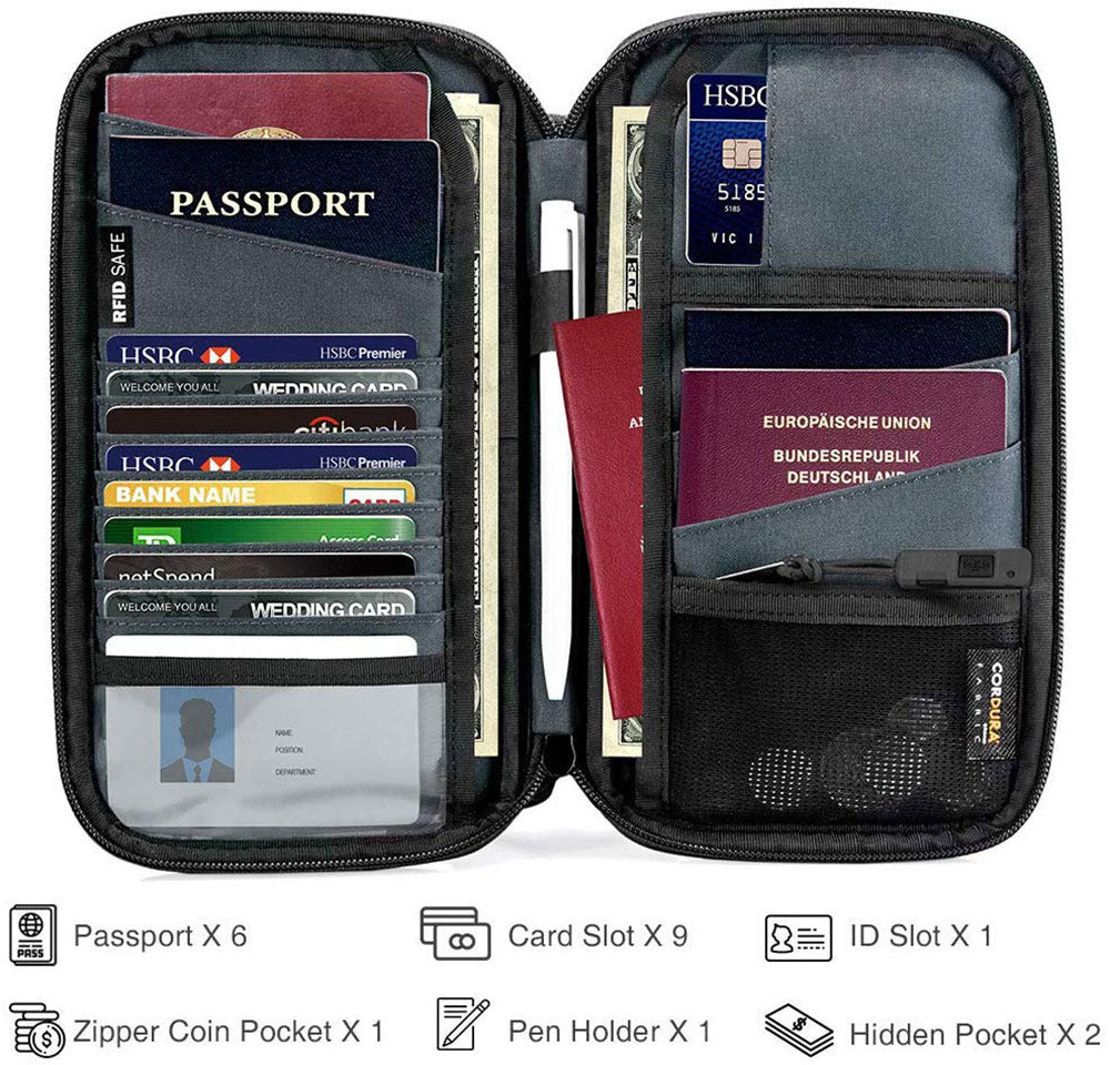 1pc Family Passport Holder With A Sim Card Slot And Eject Pin, RFID Blocking Passport Wallet, Waterproof Ticket Document Organizer Bag With Chain Strap, Up To 6 Passports 9 Credit Cards