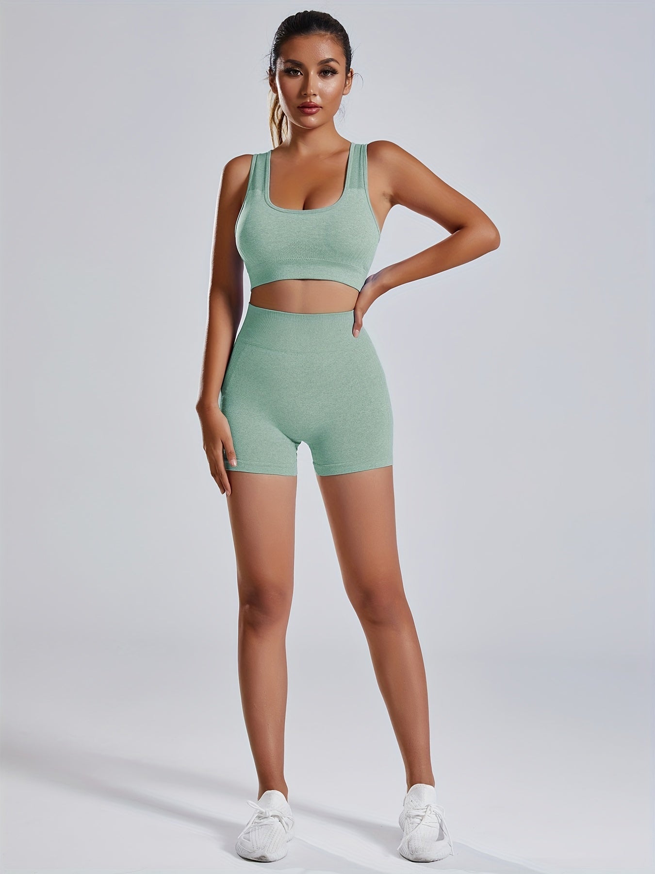 Women'S Seamless Sports Yoga Set, Summer New High Stretch Knit Fabric, Solid Color Polyamide 90% Elastane 10%, Short Length Fitness Gym Wear with Backless Bra and Butt Lifting Yoga Pants