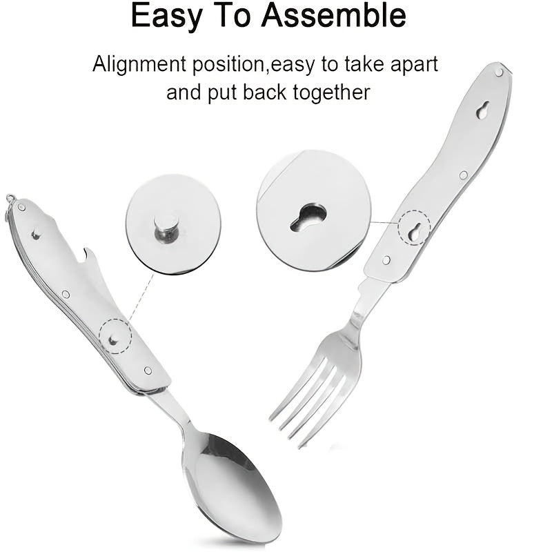 Stainless Steel 4-in-1 Outdoor Tableware Set with Folding Spoon, Fork, Knife, and Bottle Opener - Perfect for Camping, Picnics, Hiking, and Travel