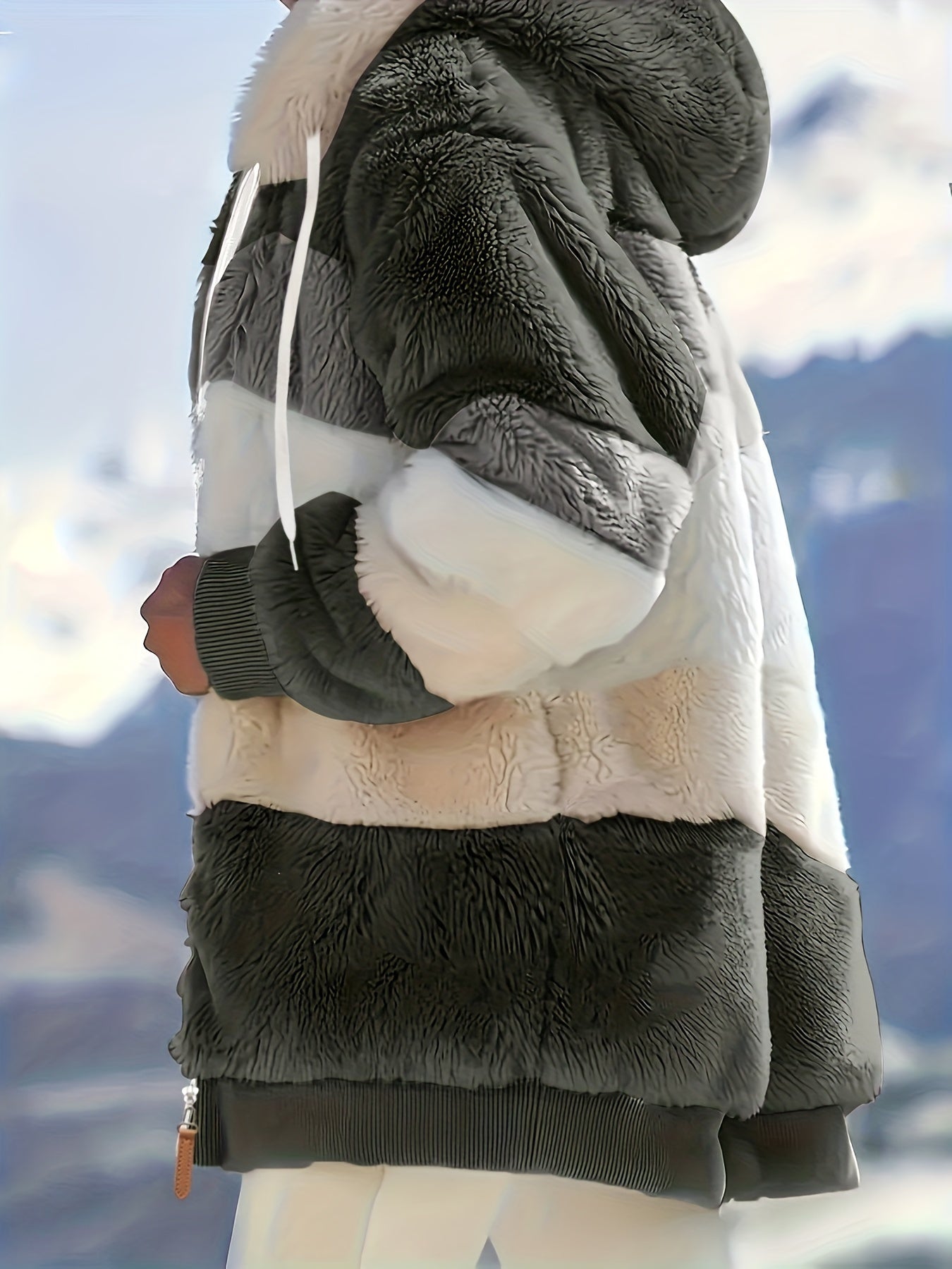 Women's Plush Faux Fur Hooded Jacket - Loose Fit Color Block Coat with Blue/Beige/White/Black Design, Long Sleeve Winter Warmth, Machine Washable for Casual & Formal Outfits, Ladies Winter Coats, Autumn Layering Piece, Formal