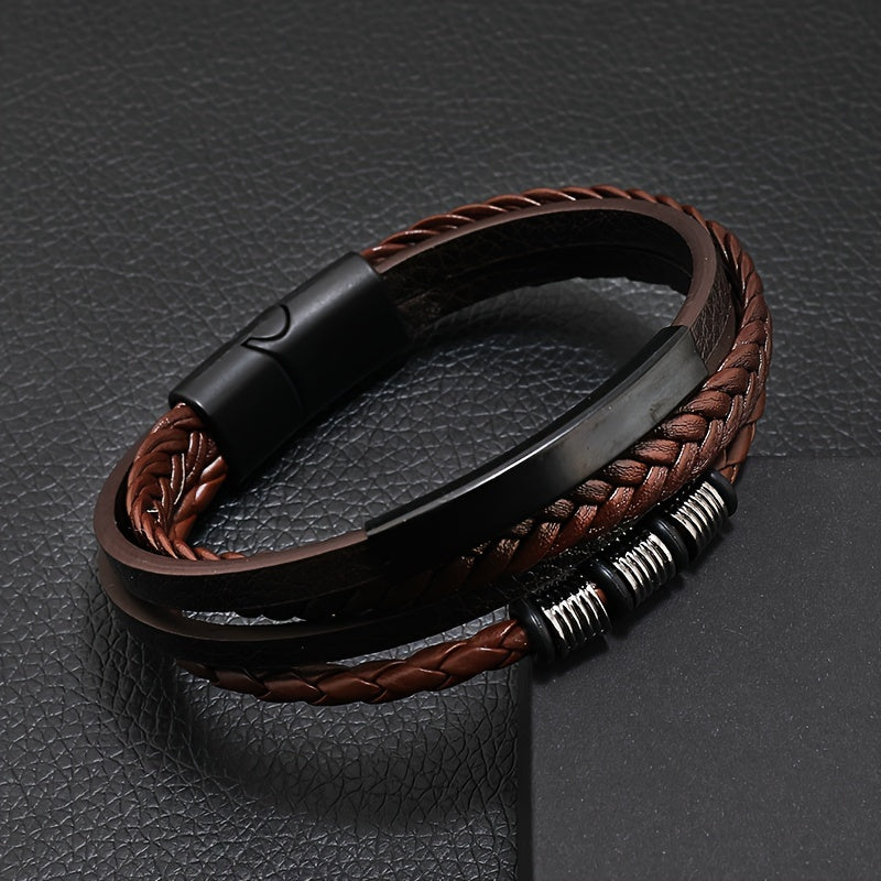 New Hot Selling Men's Vintage Hand-woven Multi-layer Beaded Alloy Magnetic Buckle PU Men's Bracelet