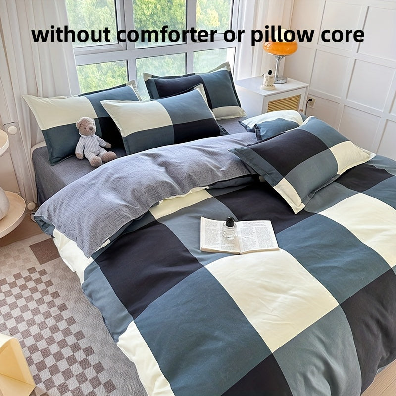 Soft and breathable 4pcs bedding set - Creative space plaid pattern, machine washable - includes sheet, duet and 2 pillowcases for all seasons - ideal for student dormitories, bedrooms and guest rooms
