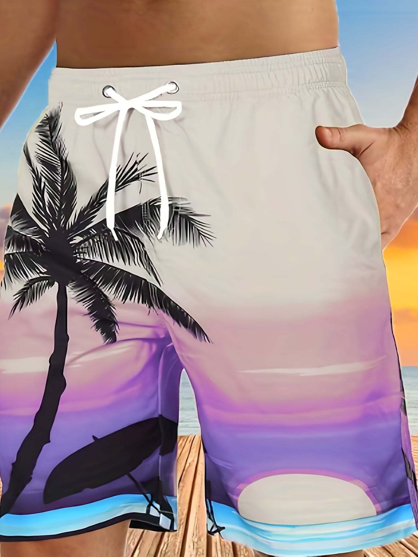 Quick Drying Comfortable Breathable Gradient Palm Tree At Dawn Seaside Drawstring Swim Trunks, Men's Board Shorts Swimwear For Summer Vacation Resort Beach Pool