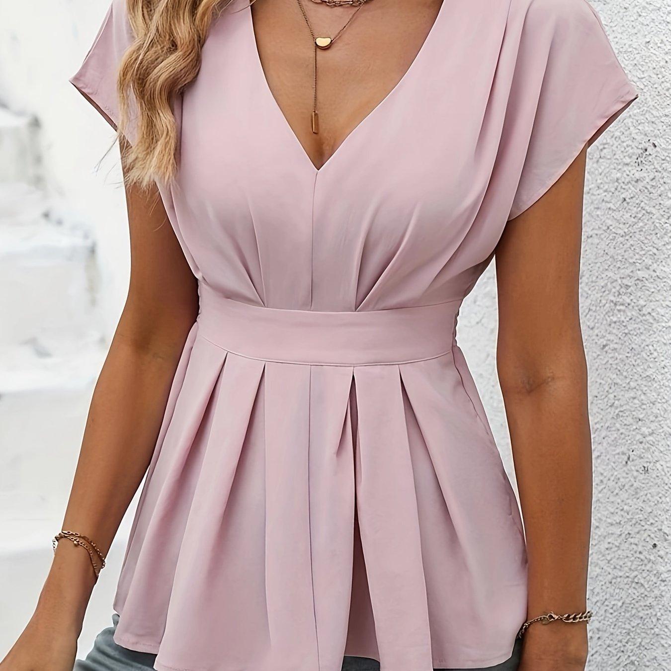 V-neck Ruffle Hem Solid Peplum Blouse, Elegant Cinched Waist Blouse For Spring & Summer, Women's Clothing