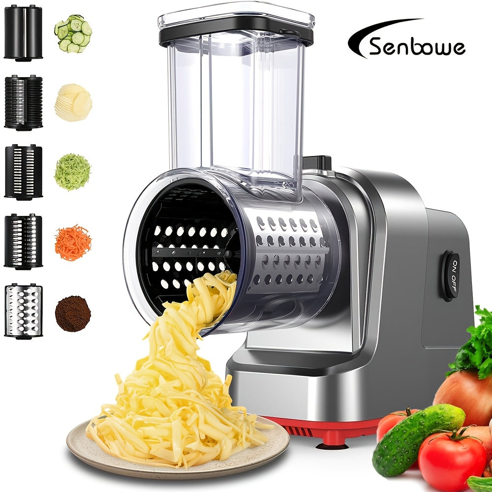 SENBOWE 5-in-1 Electric Cheese Grater & Salad Maker - Versatile Kitchen Gadget with 5 Blades for Perfect Slices, Shreds & Chops - Ideal for Cheese, Vegetables, Nuts & More - Stainless Steel, EU Plug