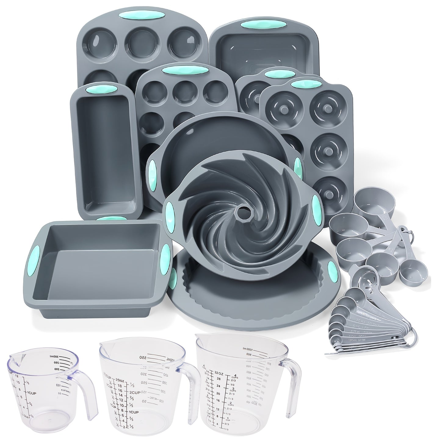 45pcs/set, Silicone Baking Set, Nonstick Bakeware Set Baking Cookie Sheets Cake Muffin Bread Pan, Loaf Pan, Cake Pan, Pizza Pan, Mini Cupcake Mold, Bundt Pan, Charlotte Cake Pan, Measuring Cup And Spoon, Baking Tools
