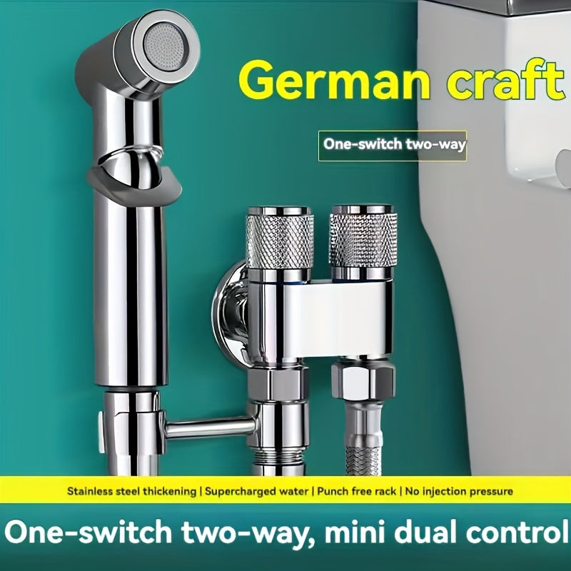 A Handheld Bathroom Cleaning Kit Equipped With A Dual-mode Spray Gun And Extendable Hose, With A Diverter And Wall Bracket, Used For Toilet Flushing, Multifunctional Bathroom Spraying, And One In Two Out Control Valve